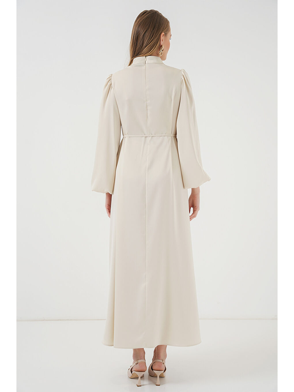 2510 Saten Tesettür Abiye Elbise - Ekru-5