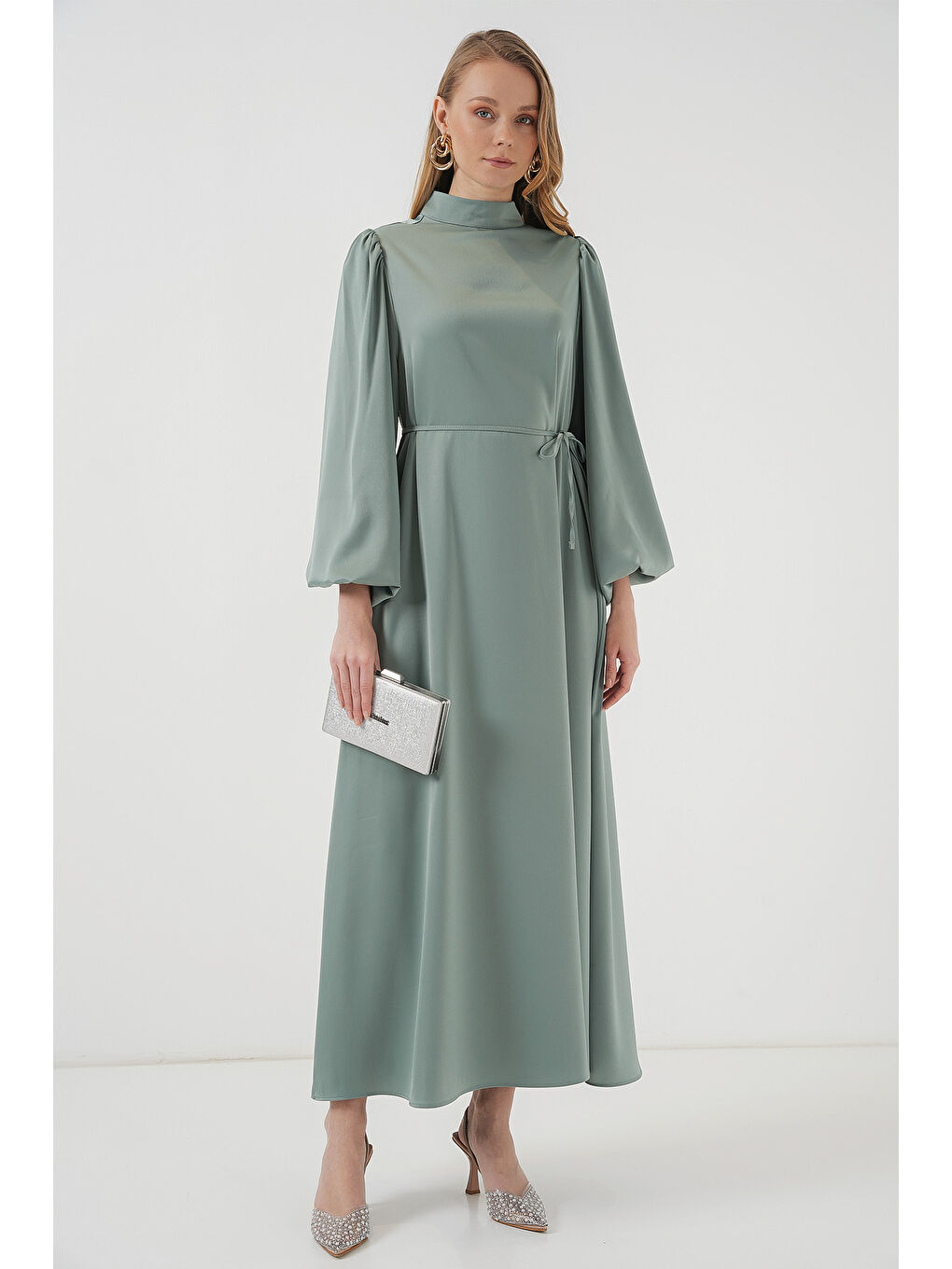 Yeşil 2510 Saten Tesettür Abiye Elbise - Çağla
