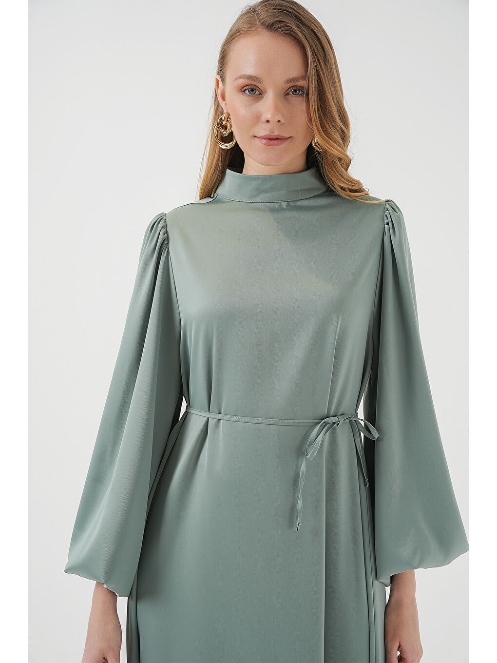 Yeşil 2510 Saten Tesettür Abiye Elbise - Çağla-1