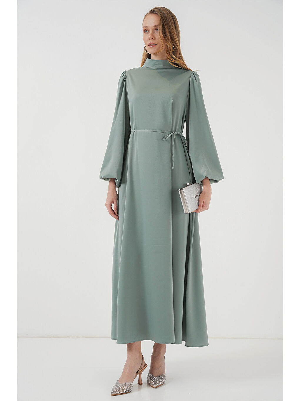 Yeşil 2510 Saten Tesettür Abiye Elbise - Çağla-2