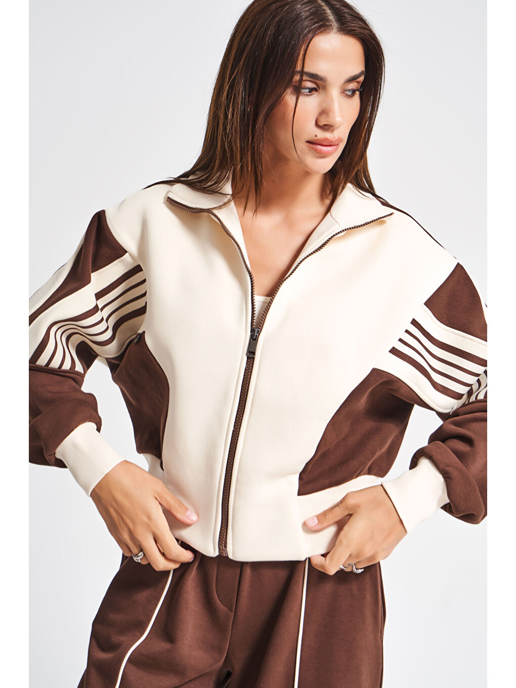 Kahverengi Kadın Bej Kahve Renk w5-16 Örme Kumaş Tasarım Alt Üst 2'li Kombin Eşofman Takım-1