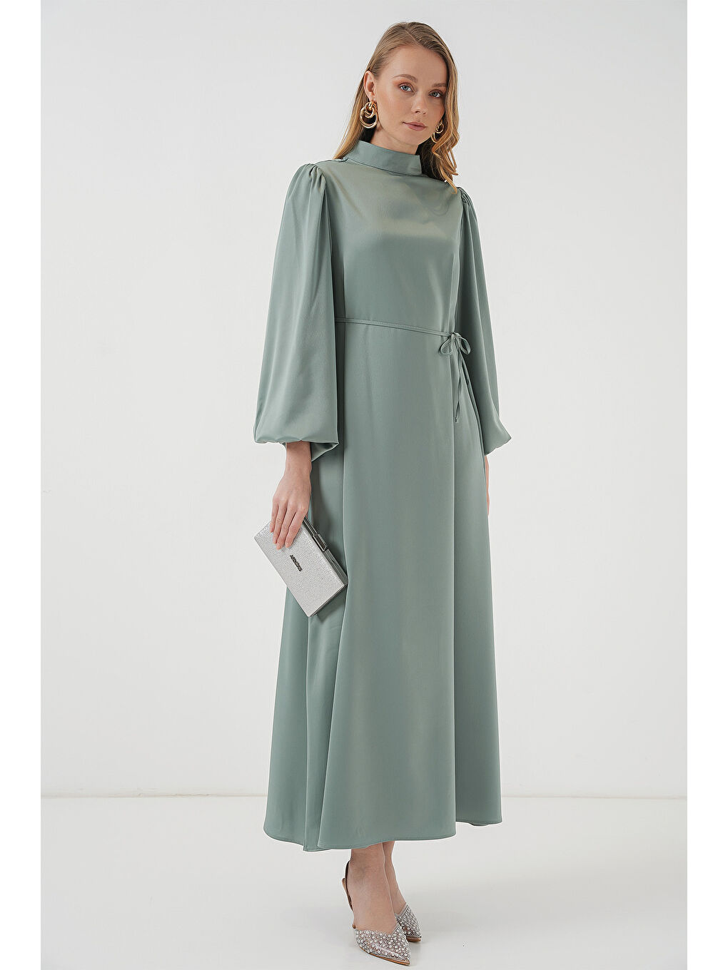 Yeşil 2510 Saten Tesettür Abiye Elbise - Çağla-3