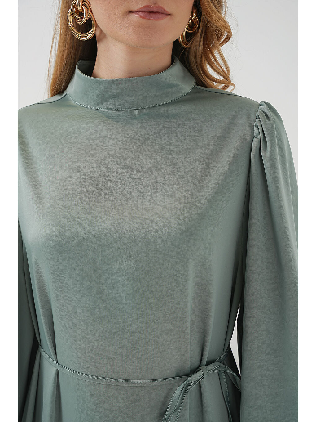 Yeşil 2510 Saten Tesettür Abiye Elbise - Çağla-4