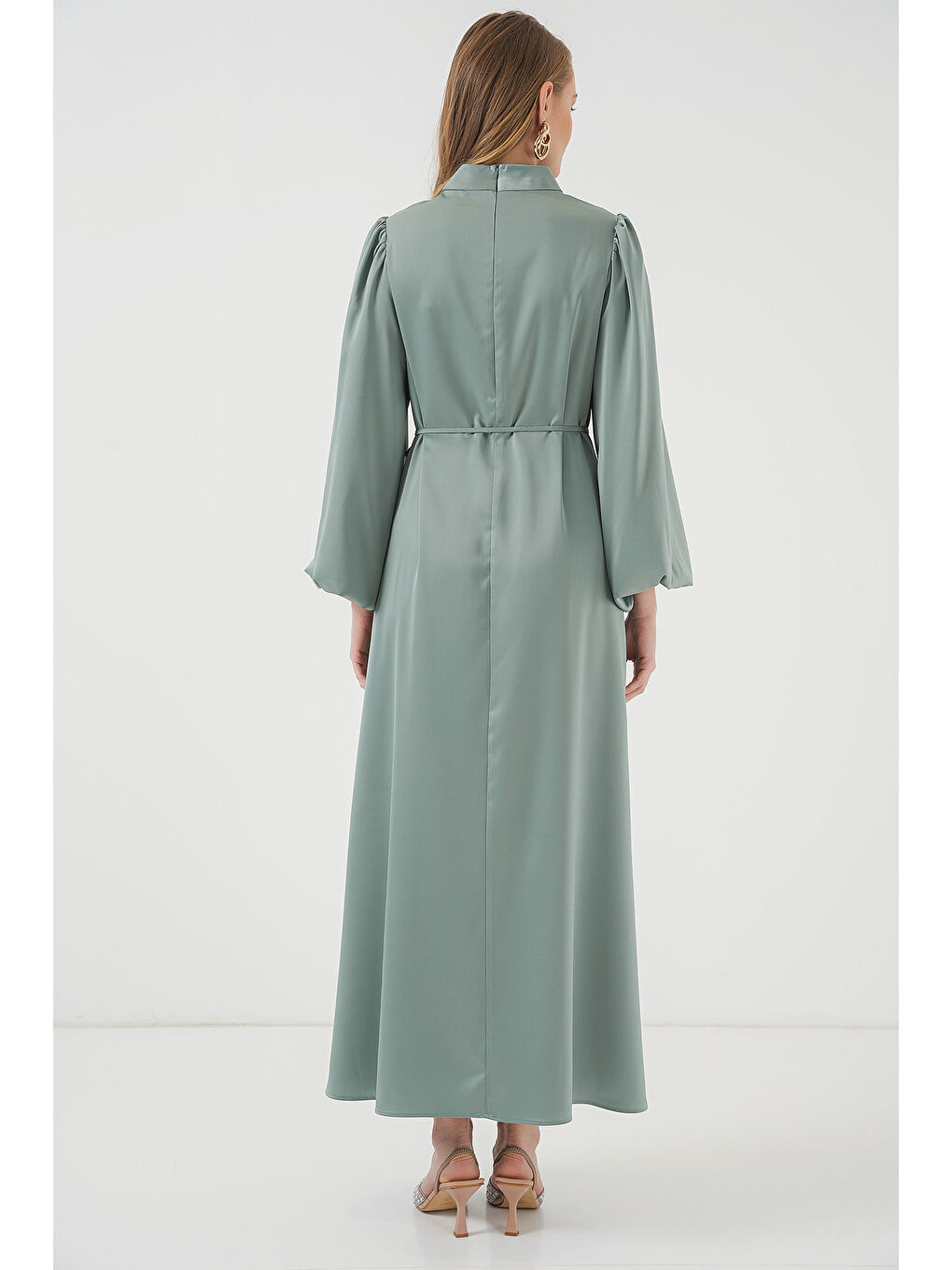 Yeşil 2510 Saten Tesettür Abiye Elbise - Çağla-5