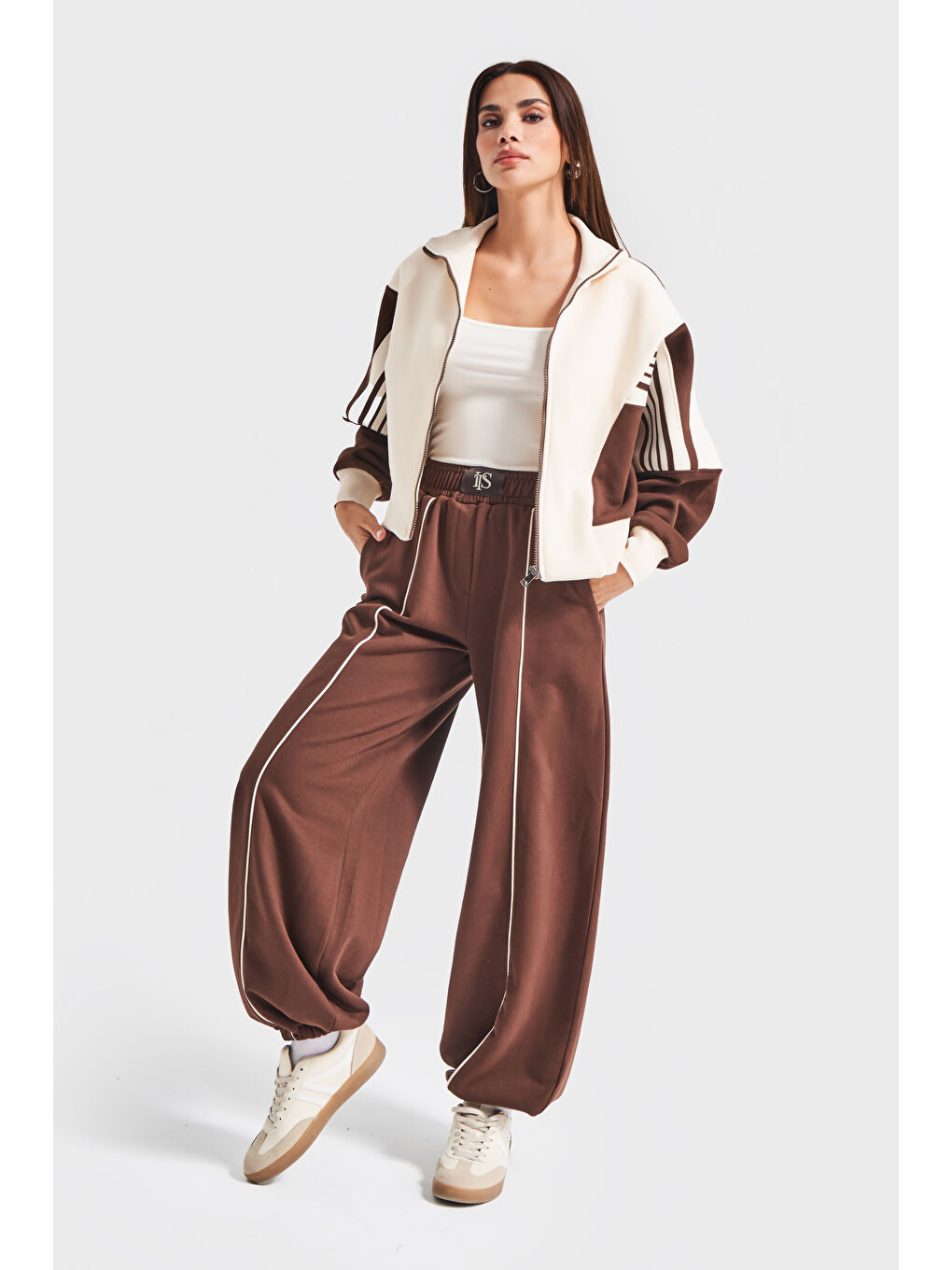 Kahverengi Kadın Bej Kahve Renk w5-16 Örme Kumaş Tasarım Alt Üst 2'li Kombin Eşofman Takım-2