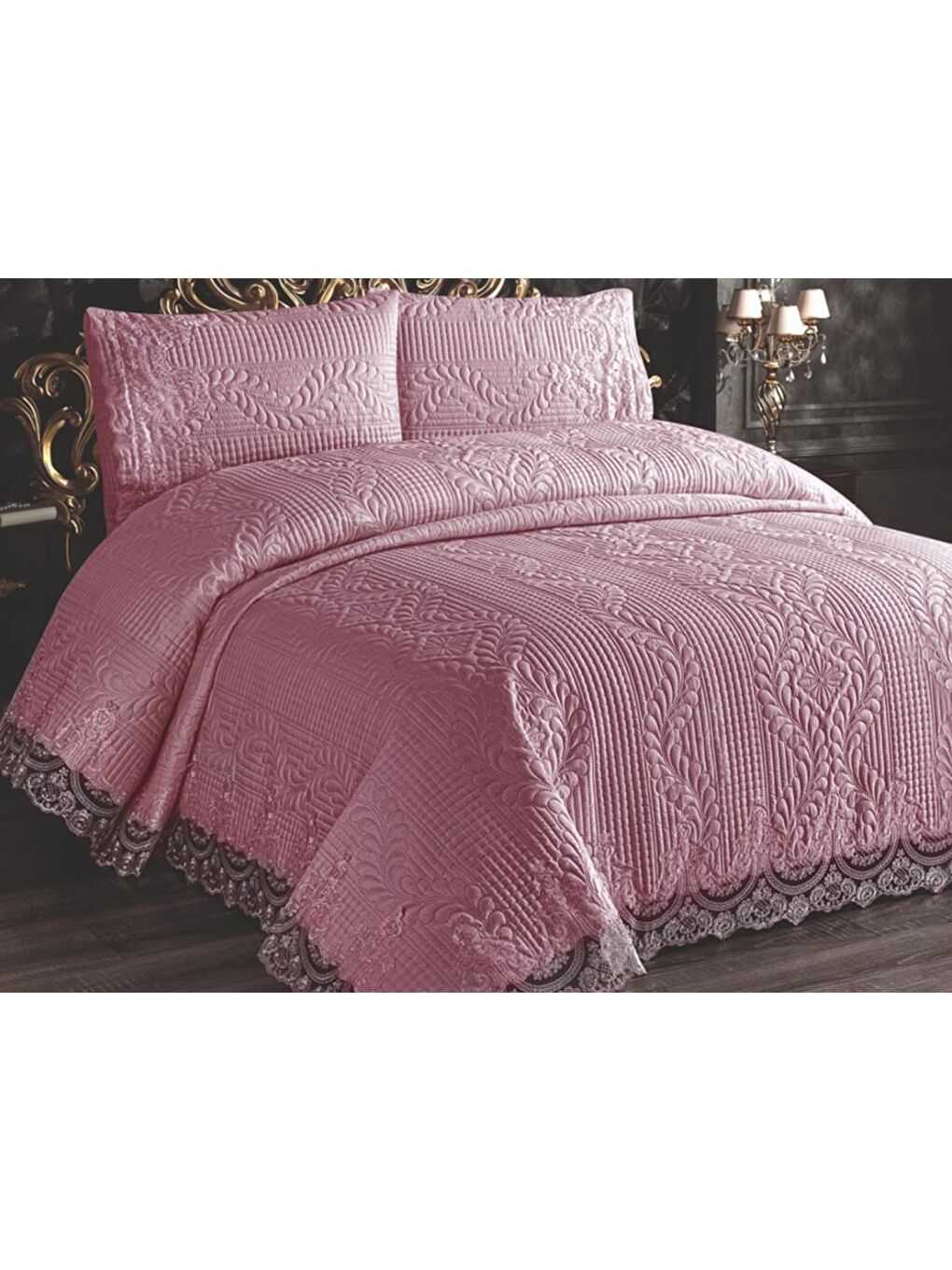 Karışık Simirna Dantell Kapitoneli Ultrasonik &#199;ift Kişilik Yatak &#214;rt&#252;s&#252; Pudra