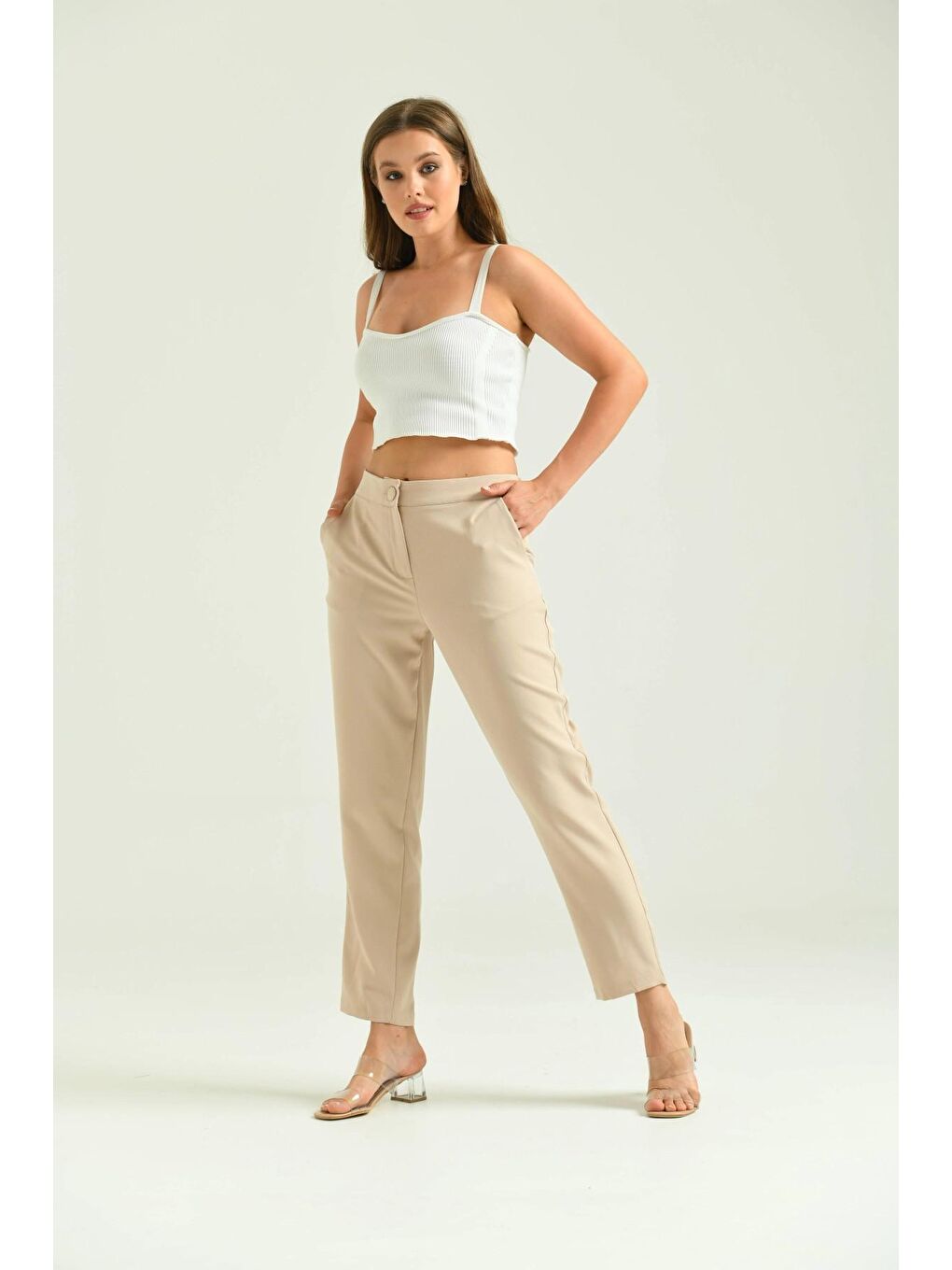 Bej Kadın Taş Düğme Datay Kumaş Pantolon