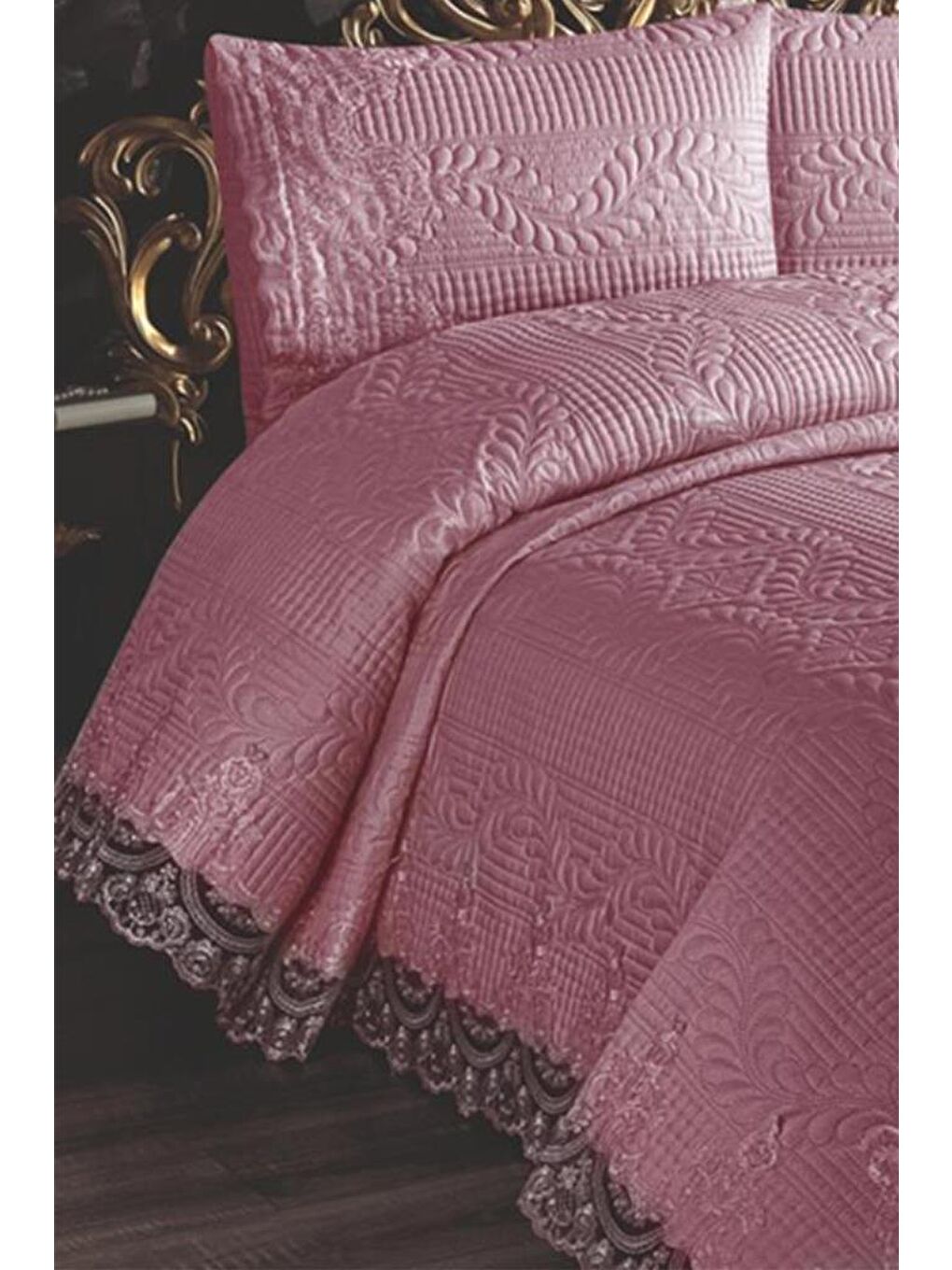 Karışık Simirna Dantell Kapitoneli Ultrasonik &#199;ift Kişilik Yatak &#214;rt&#252;s&#252; Pudra-1