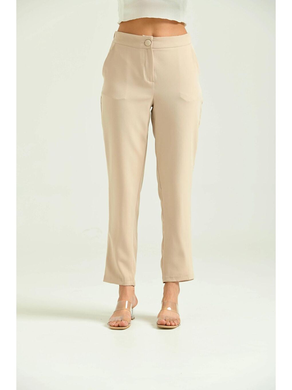 Bej Kadın Taş Düğme Datay Kumaş Pantolon-1