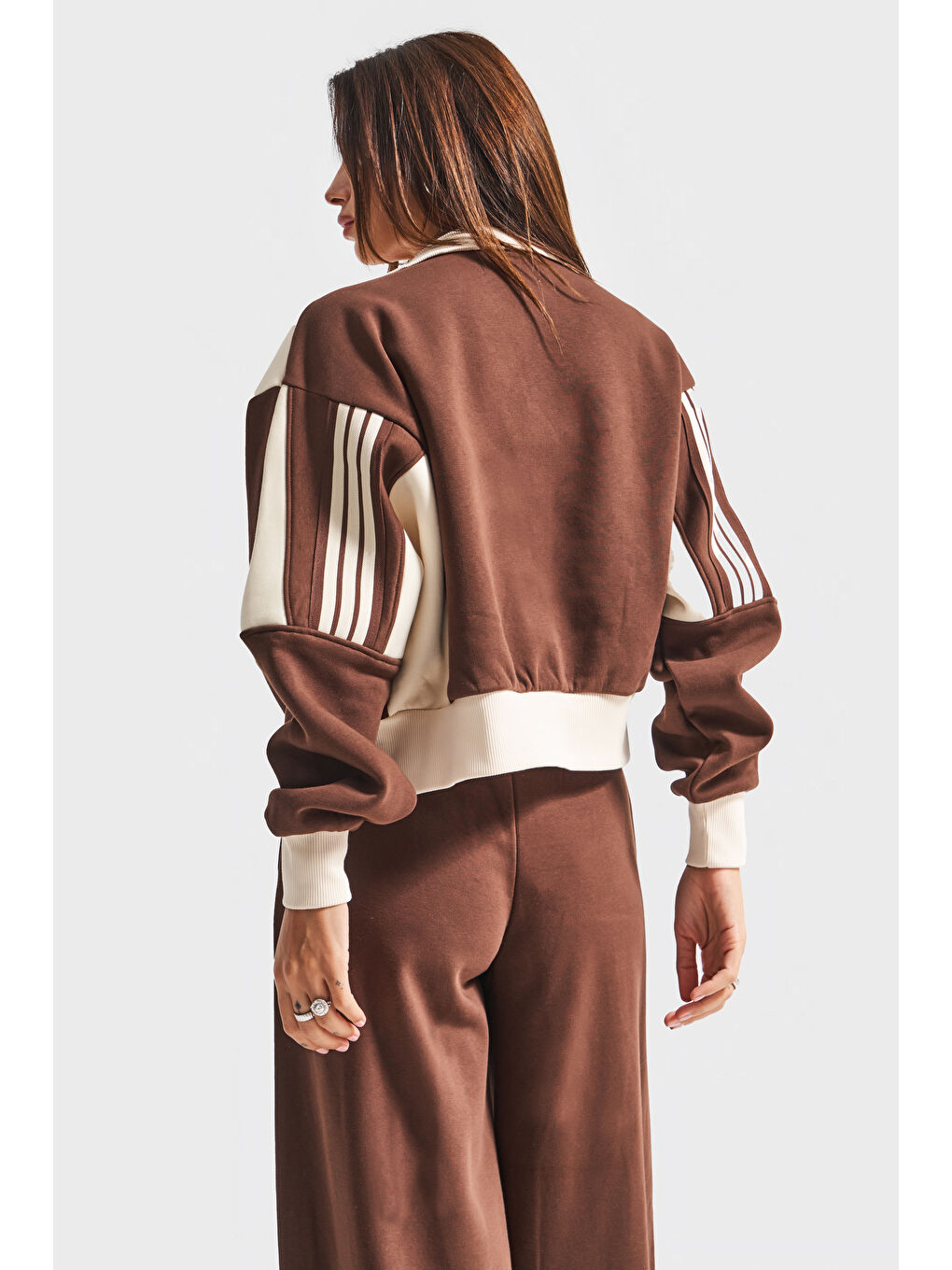 Kahverengi Kadın Bej Kahve Renk w5-16 Örme Kumaş Tasarım Alt Üst 2'li Kombin Eşofman Takım-4