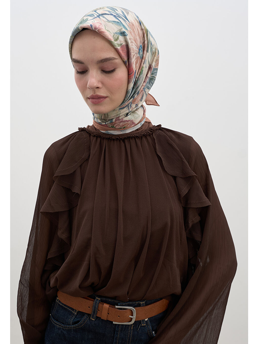 Pembe Vıntage Garden Desen Pamuklu Viskon Eşarp Somon-2