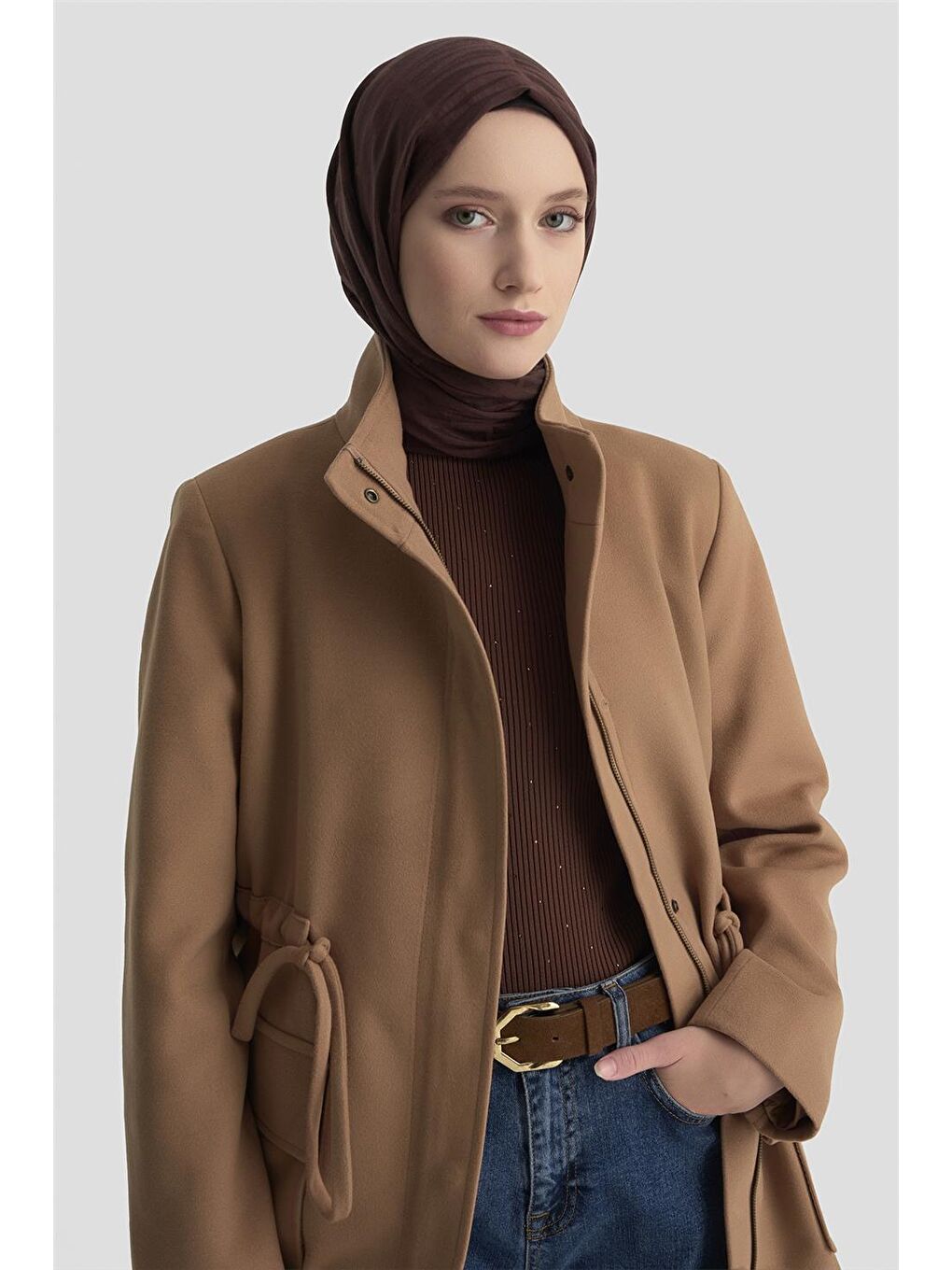 Kahverengi Beli Bağcıklı Kısa Kaban 24Kh7528 Camel-1