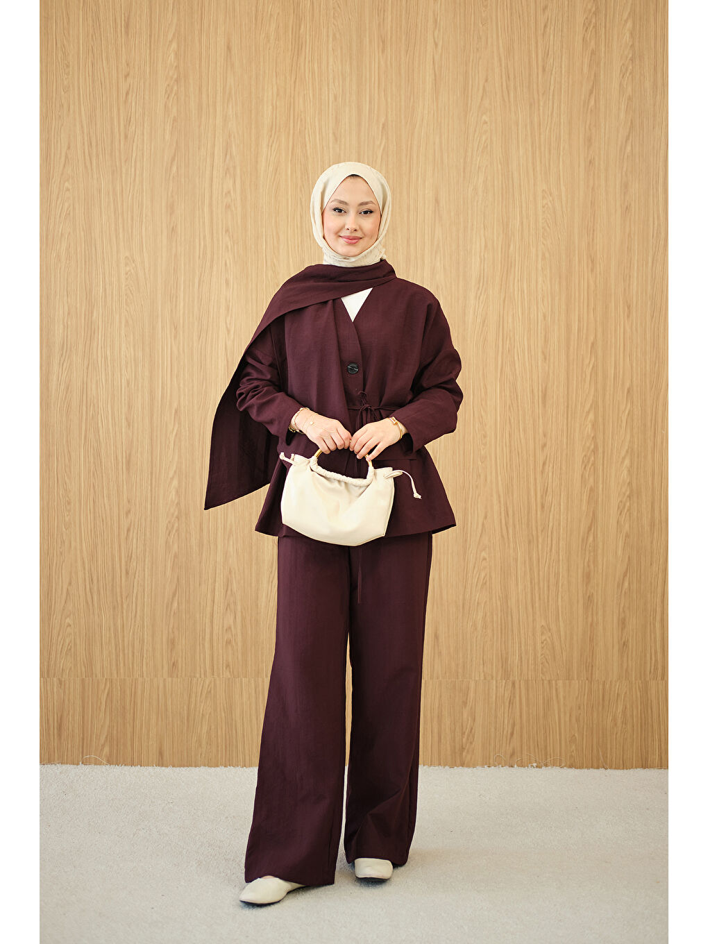 Kadın Gizli Düğme Detay V Yaka Takım Bordo-1