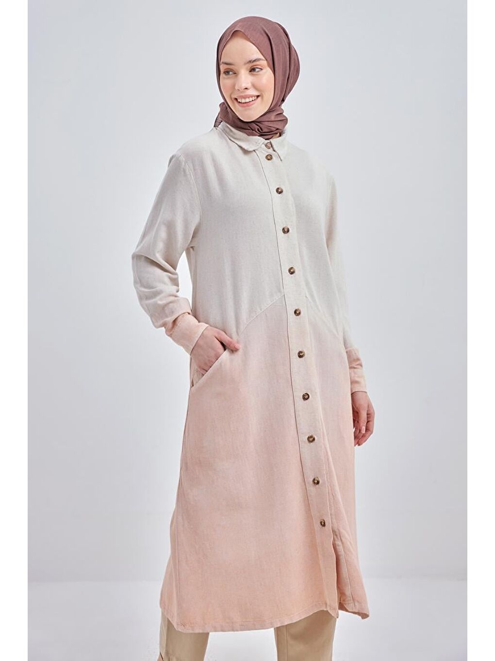 Pembe Somon-Degrade Keten Gömlek Tunik