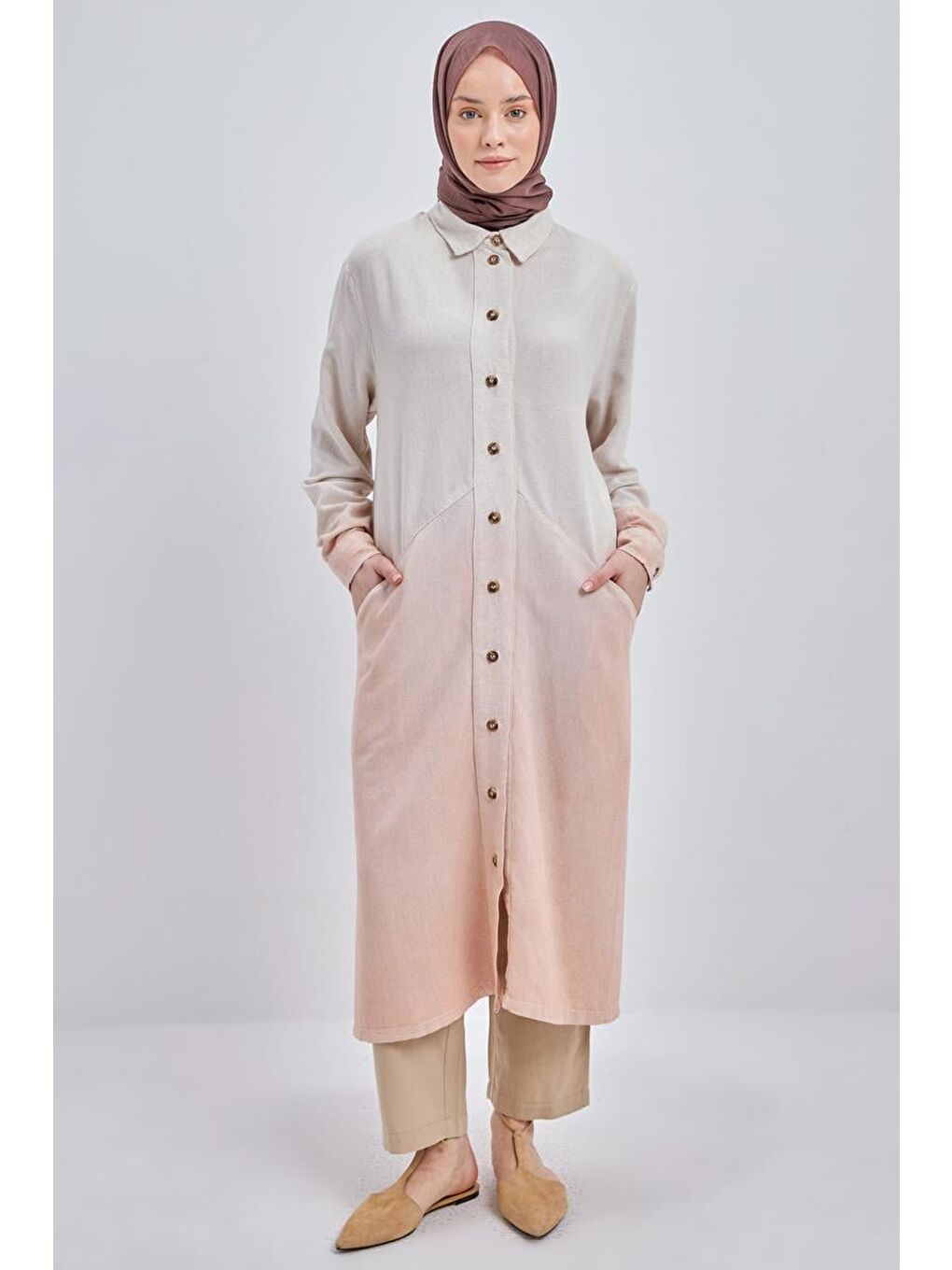 Pembe Somon-Degrade Keten Gömlek Tunik-1