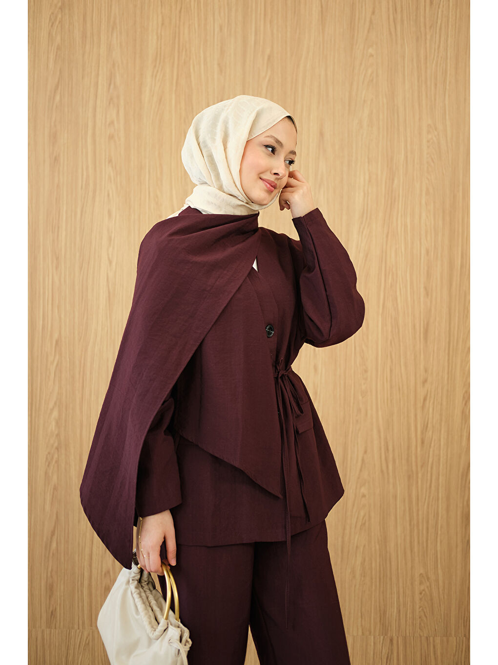 Kadın Gizli Düğme Detay V Yaka Takım Bordo-2