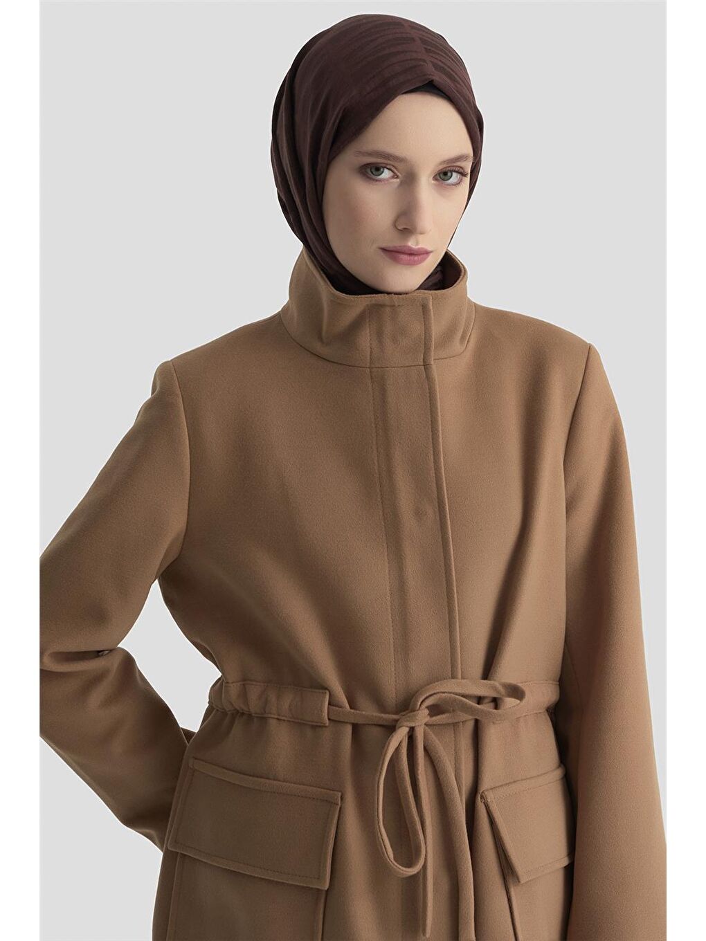 Kahverengi Beli Bağcıklı Kısa Kaban 24Kh7528 Camel-2