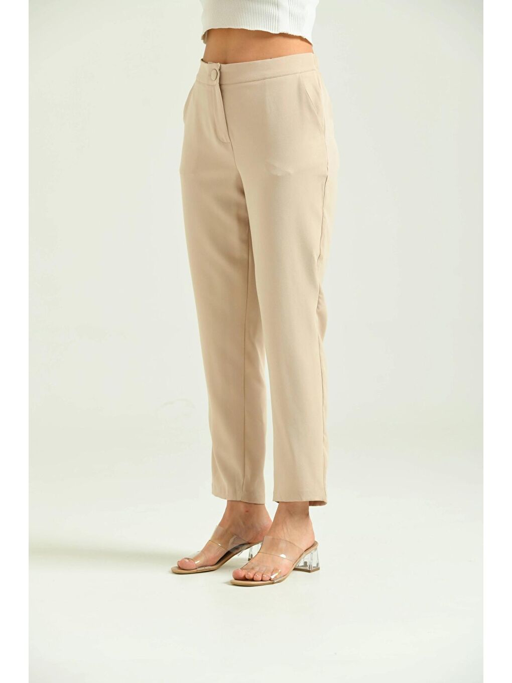 Bej Kadın Taş Düğme Datay Kumaş Pantolon-2