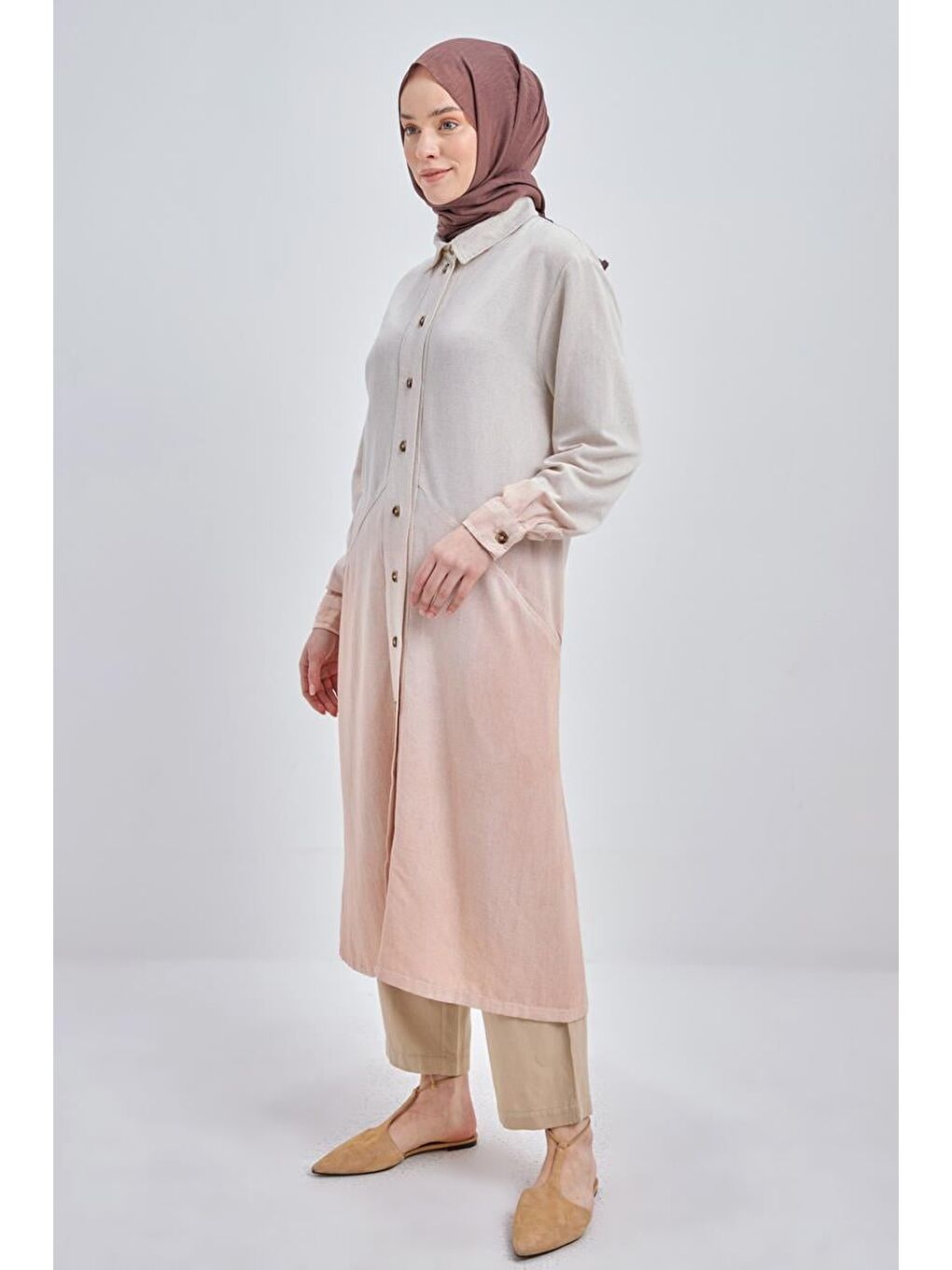 Pembe Somon-Degrade Keten Gömlek Tunik-2