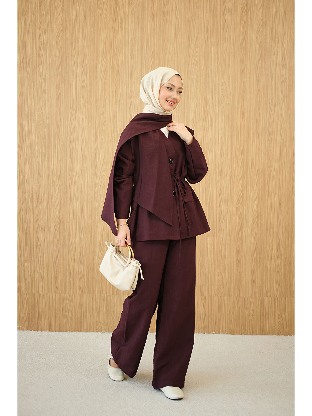 Kadın Gizli Düğme Detay V Yaka Takım Bordo-3