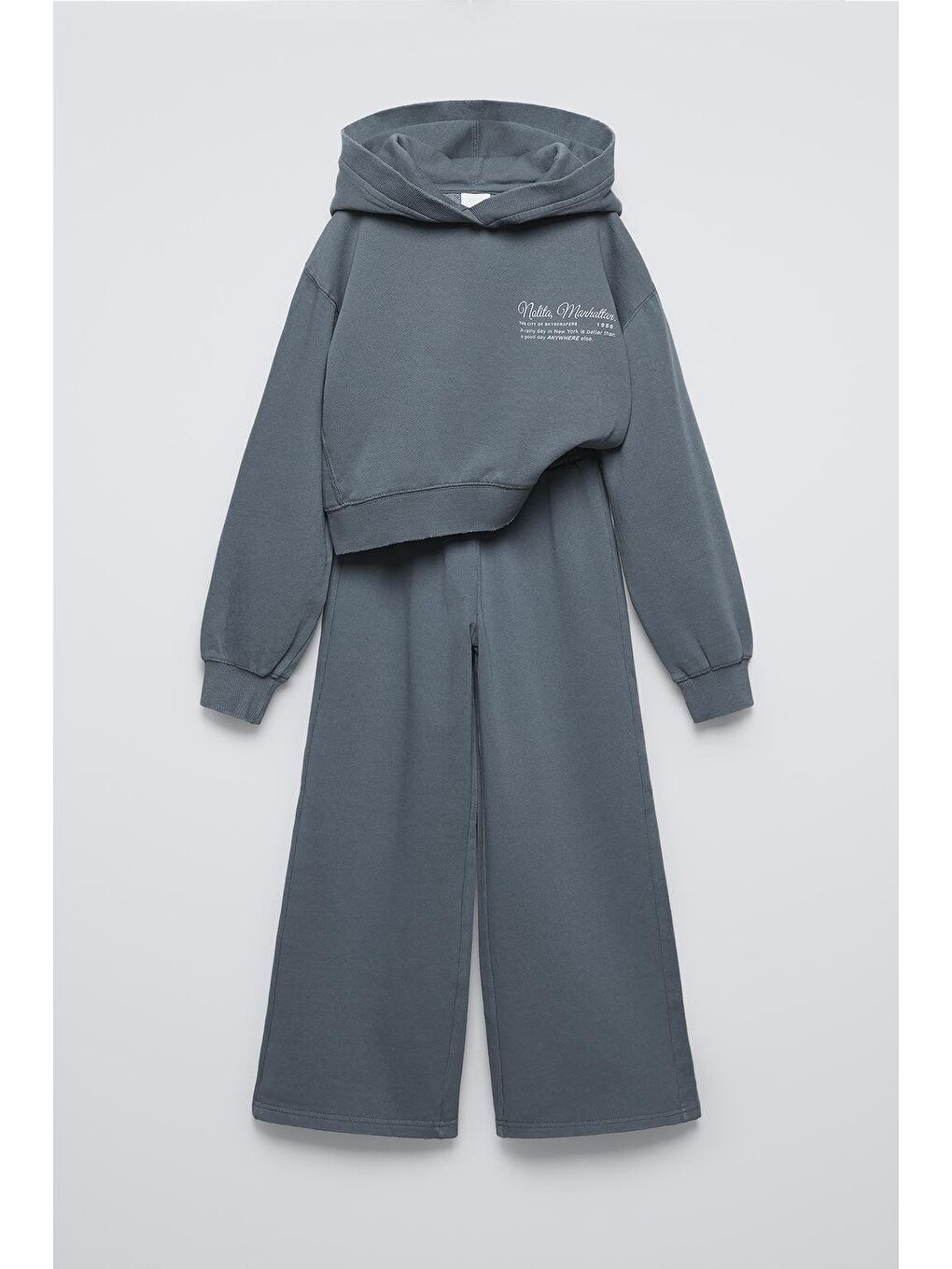 Antrasit Kız Çocuk Pamuklu Füme Kapüşonlu Sweatshirt Ve Geniş Paça Eşofman Takım