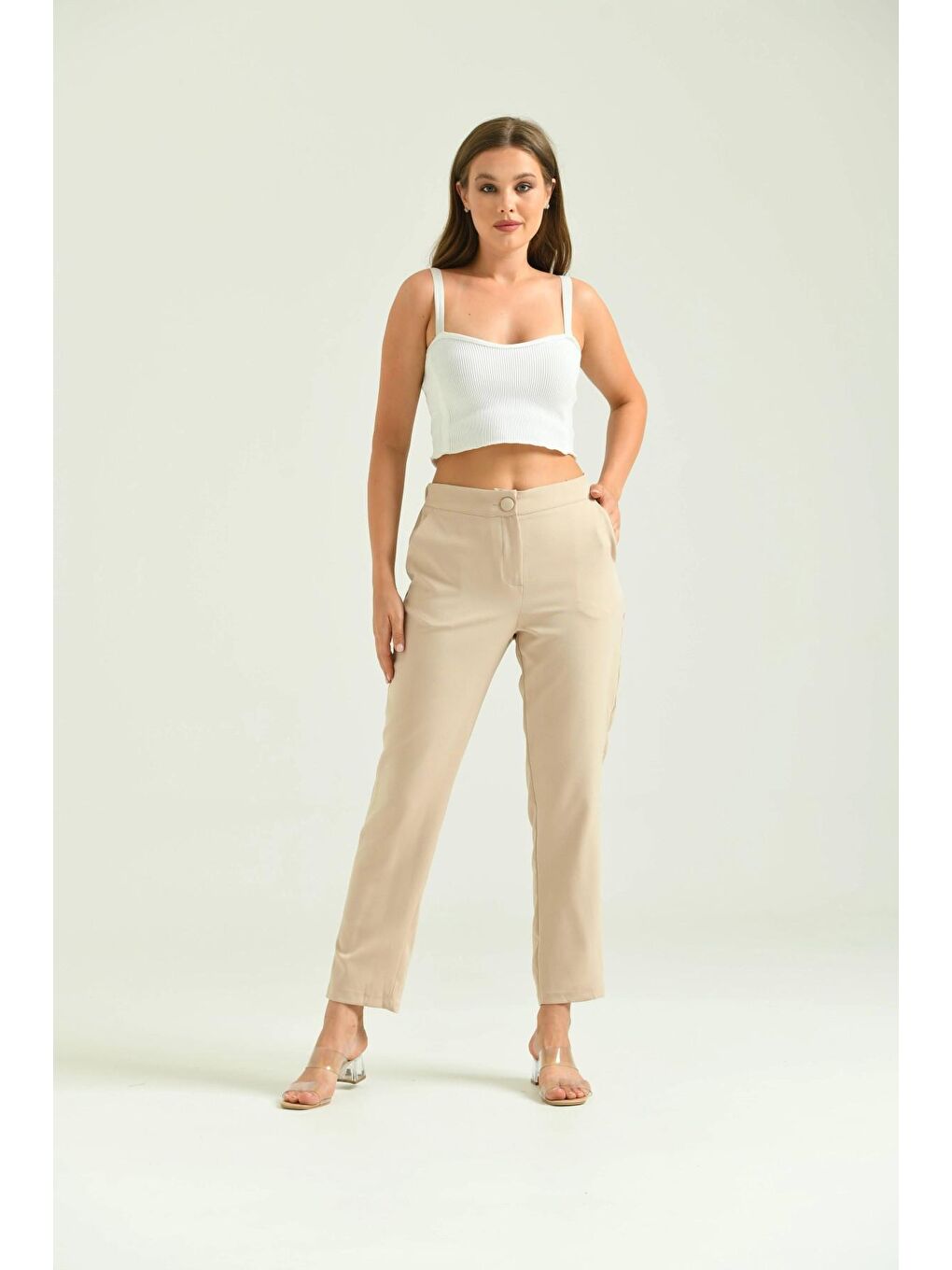 Bej Kadın Taş Düğme Datay Kumaş Pantolon-3