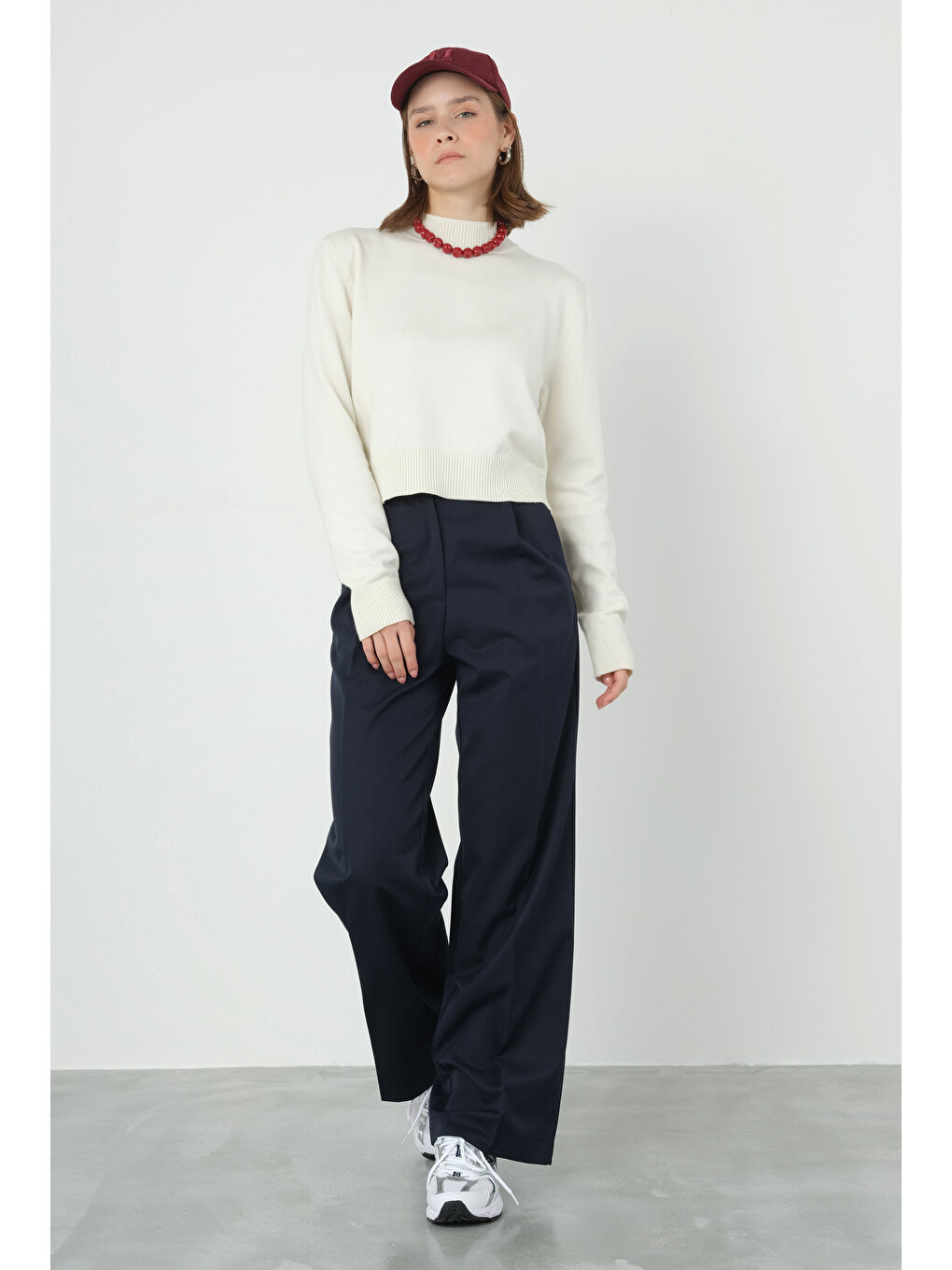 Pileli Yüksek Bel Pantolon Koyu Lacivert-1