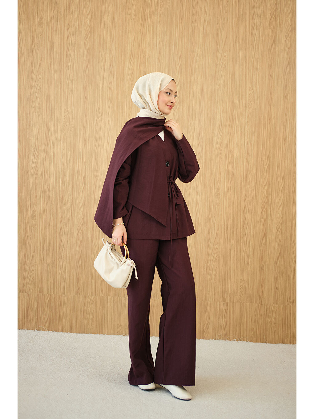 Kadın Gizli Düğme Detay V Yaka Takım Bordo-4