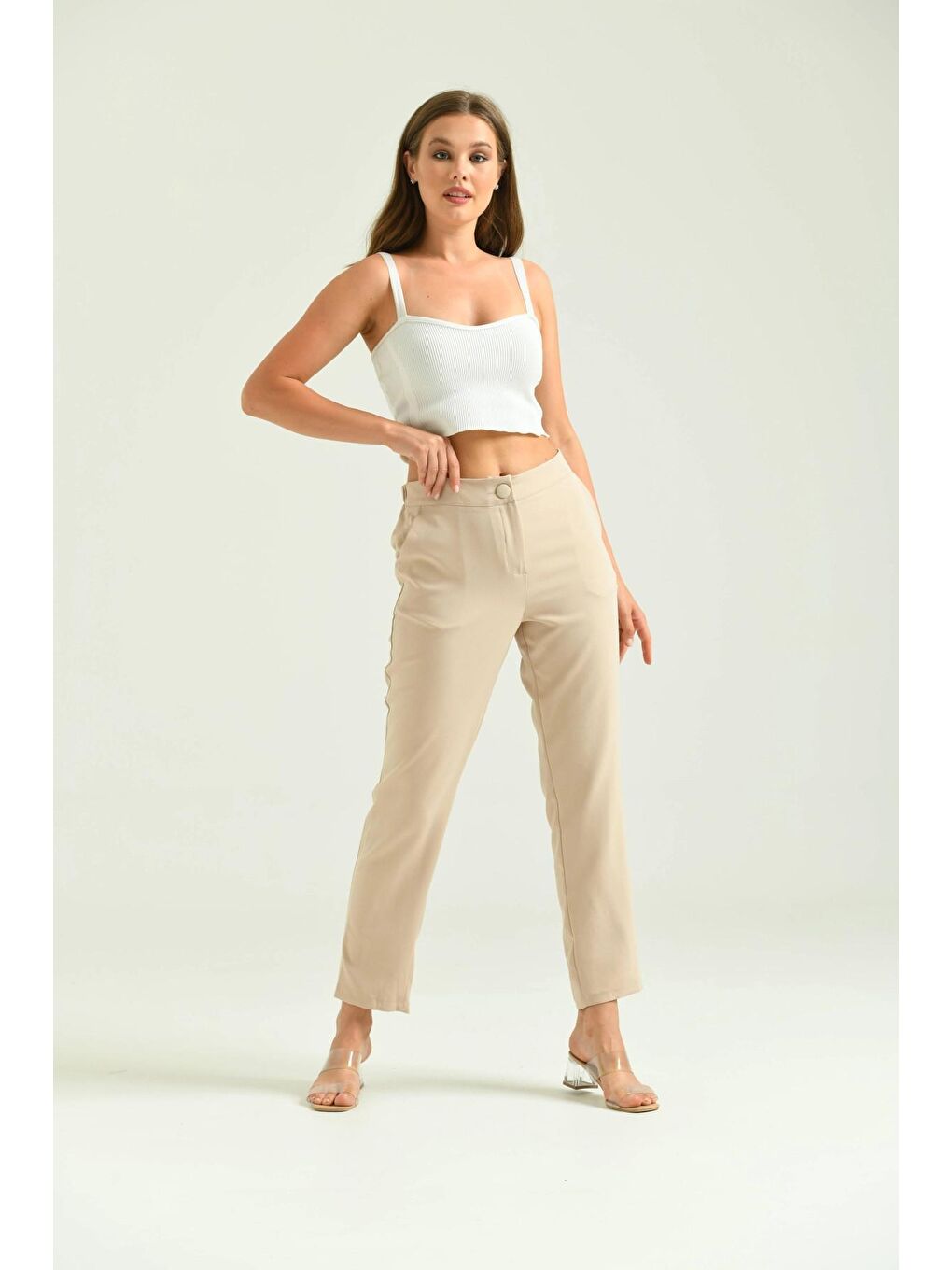 Bej Kadın Taş Düğme Datay Kumaş Pantolon-4