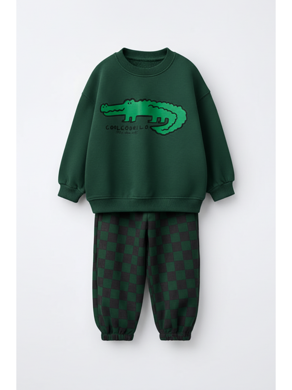 Erkek Çocuk Pamuklu Yeşil Timsah Baskılı Sweatshirt Ve Kare Desenli Eşofman Takım