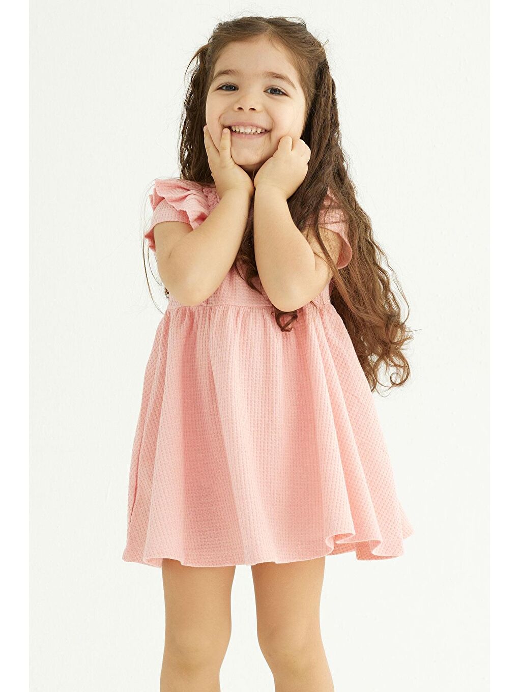 Bisiklet Yaka Fırfırlı Beli Büzgülü Pembe Renk Kız Çocuk Elbise-1