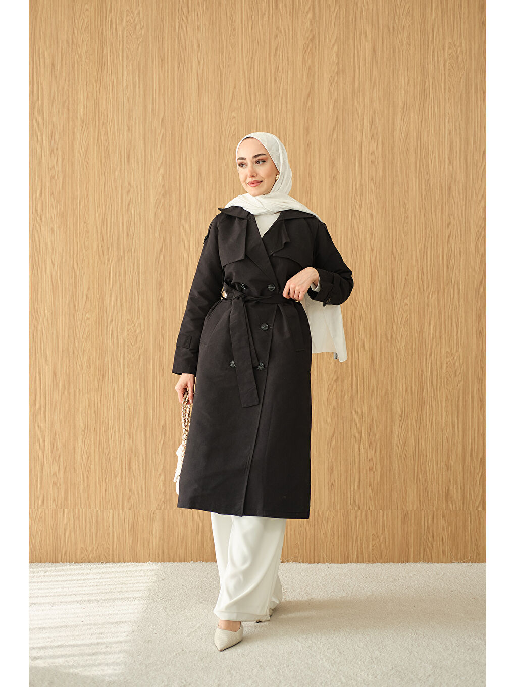 Kadın Omuz Düğme Detay Kruvaze Yaka Midi Boy Trenç Siyah-1