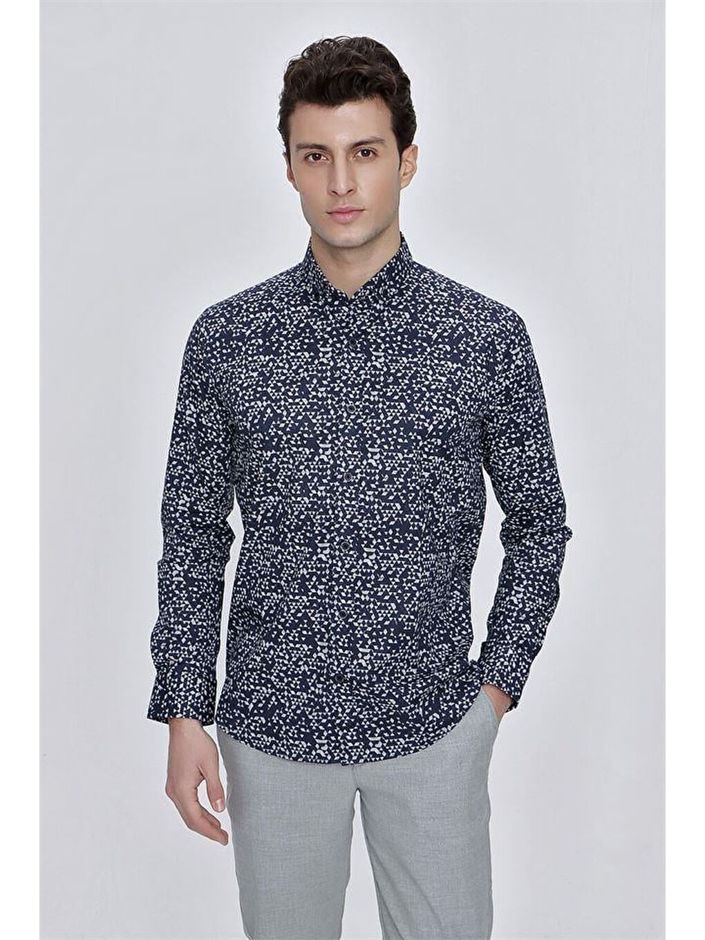 Koyu Lacivert Uzun Kol Gömlek Yaka Klasik Slim Fit Pamuklu Elastanlı Gömlek 1004225210-4