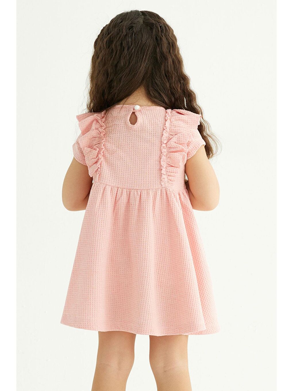 Bisiklet Yaka Fırfırlı Beli Büzgülü Pembe Renk Kız Çocuk Elbise-2