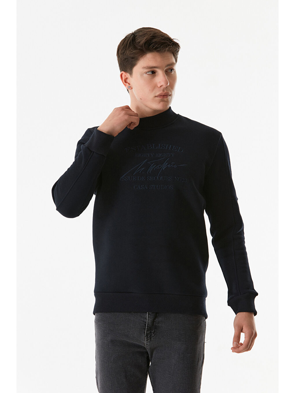 Fullamoda Lacivert Yazı Nakışlı Dik Yaka Sweatshirt - 3