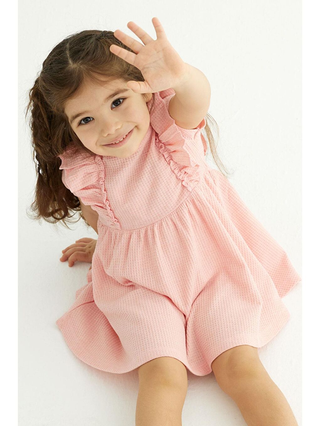 Bisiklet Yaka Fırfırlı Beli Büzgülü Pembe Renk Kız Çocuk Elbise-3