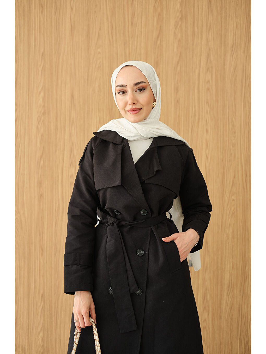 Kadın Omuz Düğme Detay Kruvaze Yaka Midi Boy Trenç Siyah-2