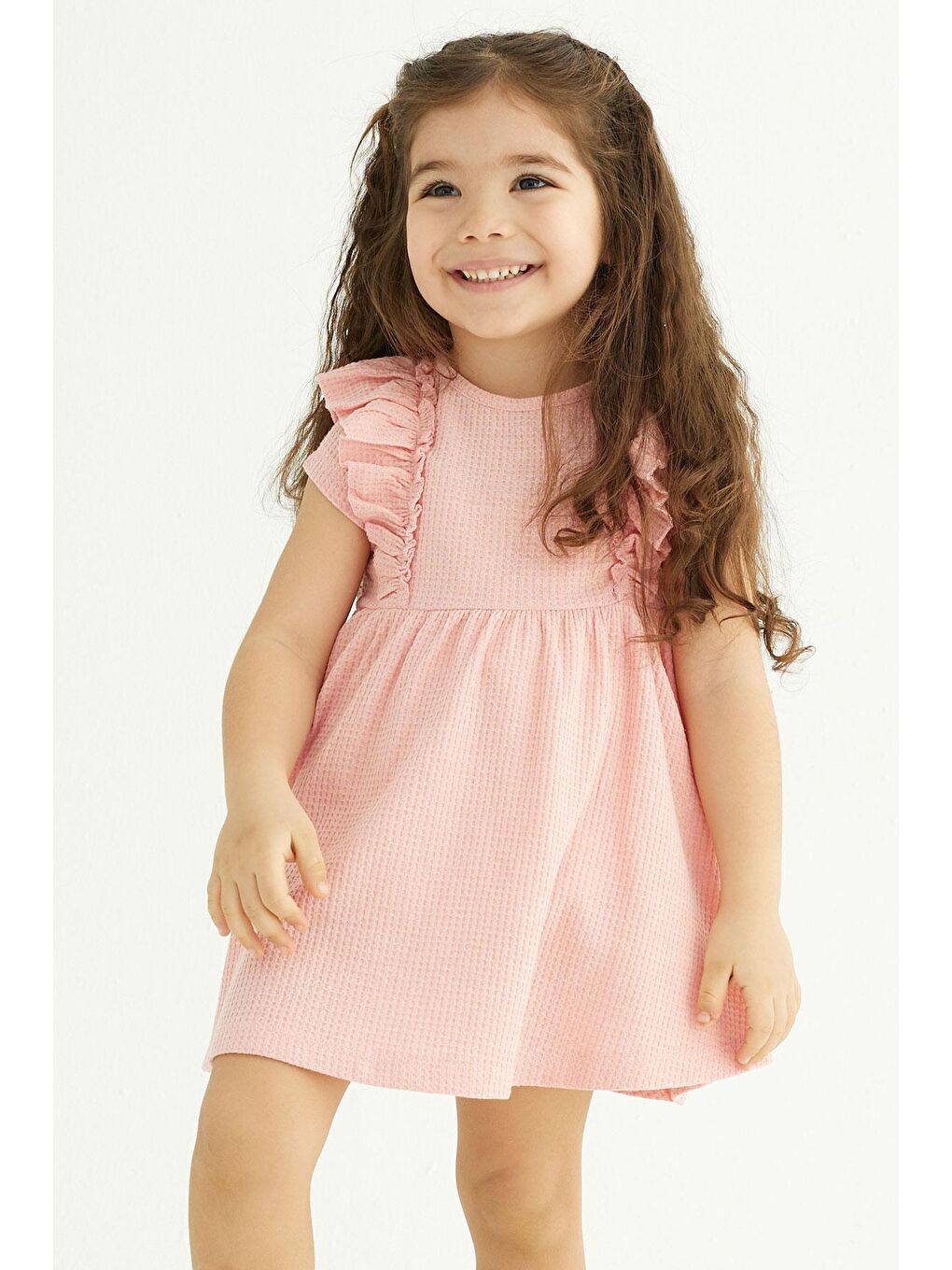 Bisiklet Yaka Fırfırlı Beli Büzgülü Pembe Renk Kız Çocuk Elbise-4