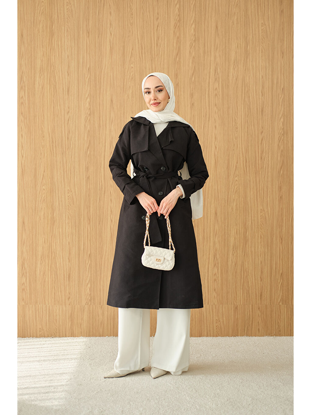 Kadın Omuz Düğme Detay Kruvaze Yaka Midi Boy Trenç Siyah-3