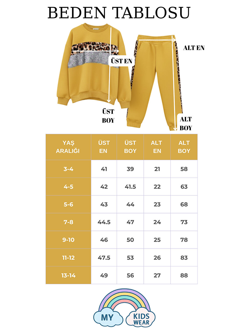 Sarı Kız Çocuk Leopar Şeritli Eşofman Takımı 3-14 Yaş 12285-1