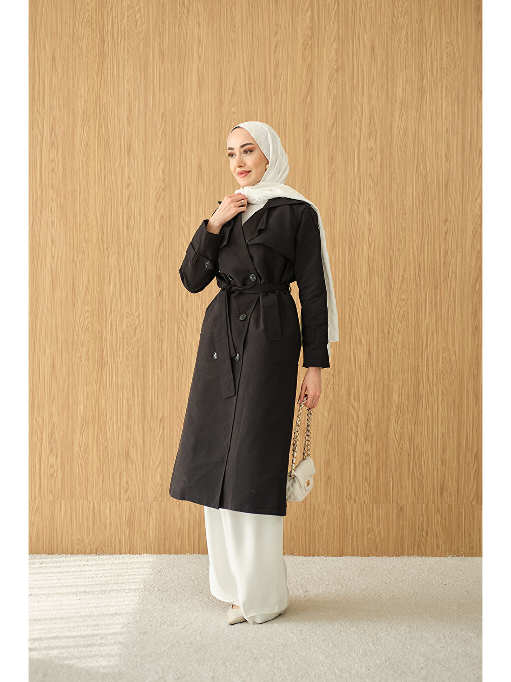 Kadın Omuz Düğme Detay Kruvaze Yaka Midi Boy Trenç Siyah-4
