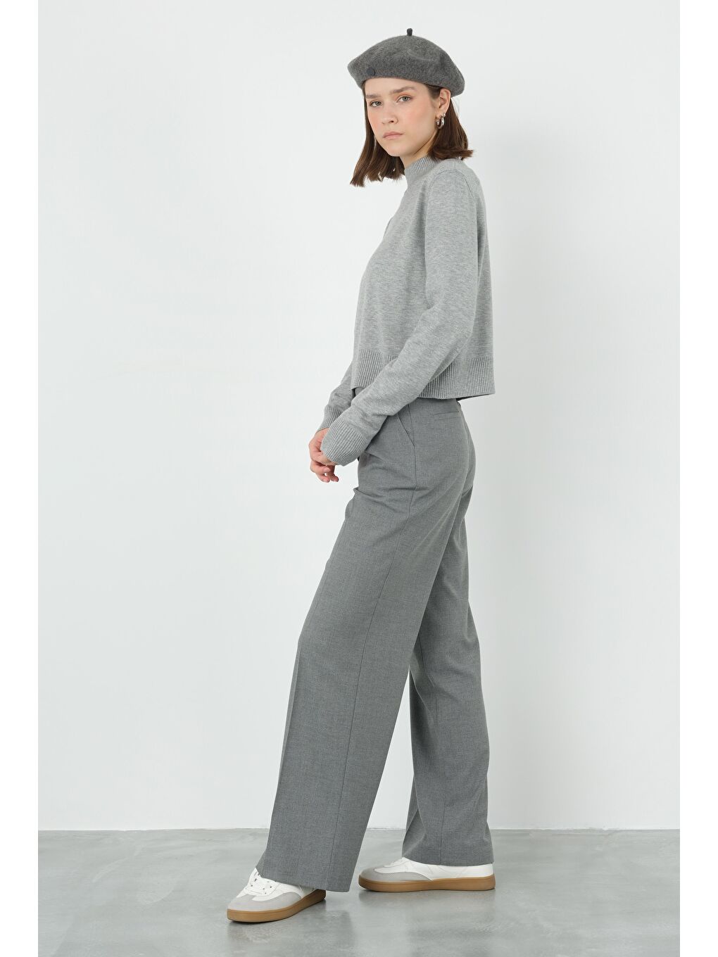 Gri Pileli Yüksek Bel Pantolon Duman-2