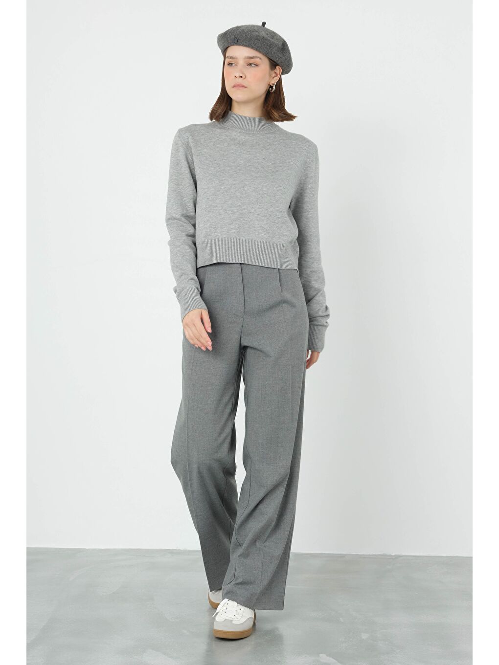 Gri Pileli Yüksek Bel Pantolon Duman-3