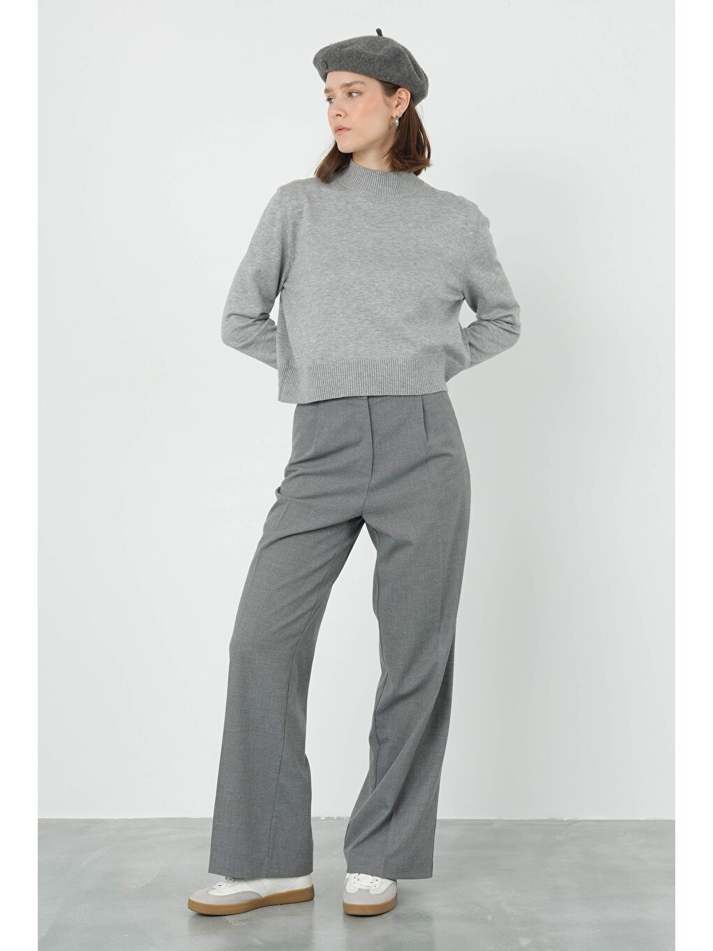 Gri Pileli Yüksek Bel Pantolon Duman-4