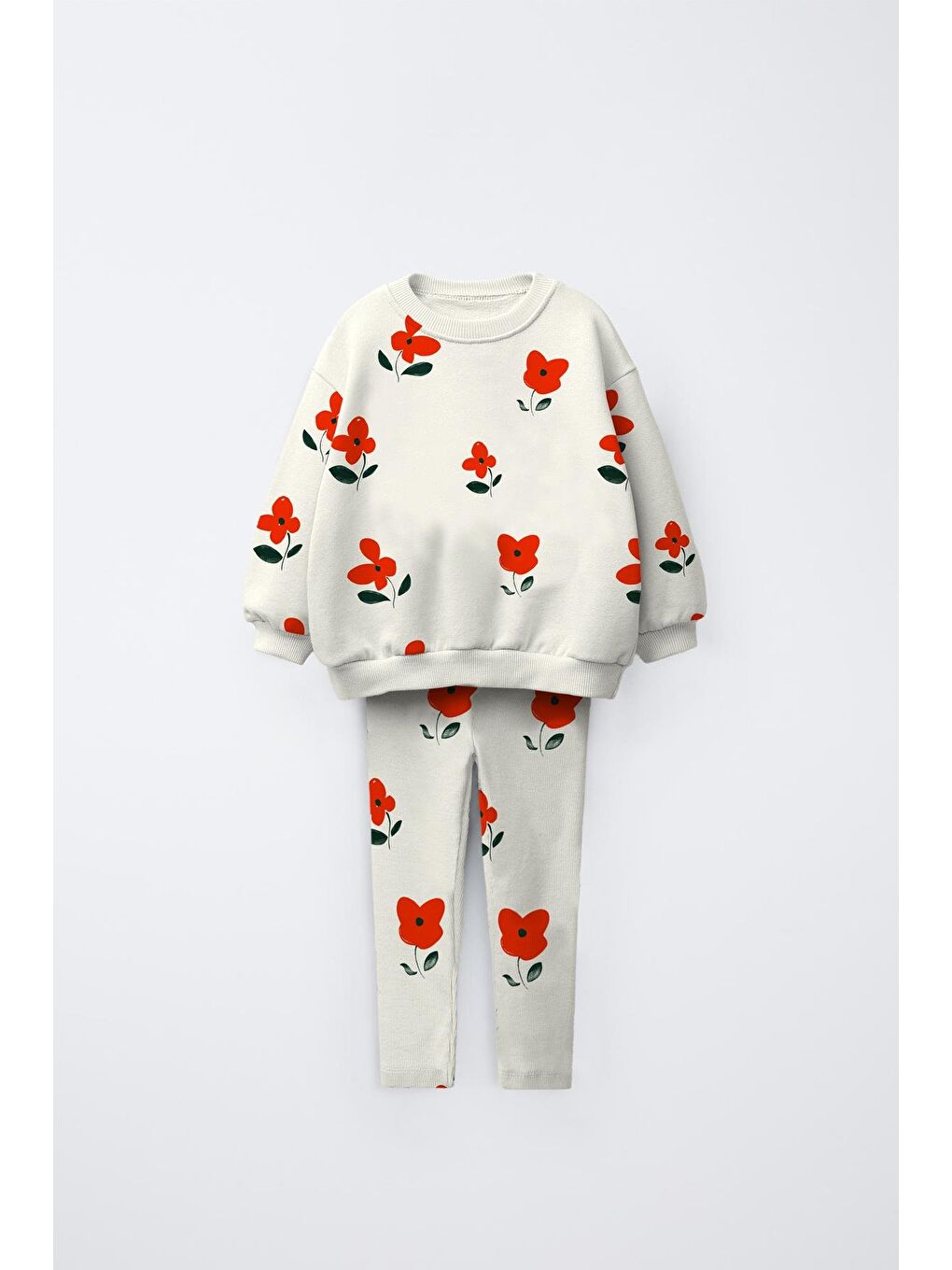 Kız Çocuk Pamuklu Ekru Kırmızı Çiçek Desenli Sweatshirt Ve Tayt Takım