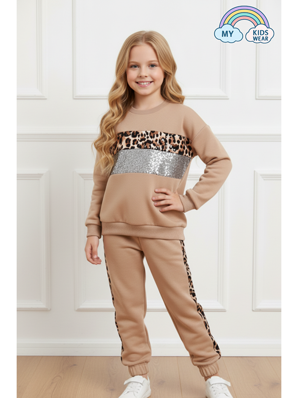 Kahverengi Kız Çocuk Leopar Şeritli Eşofman Takımı 3-14 Yaş 12272