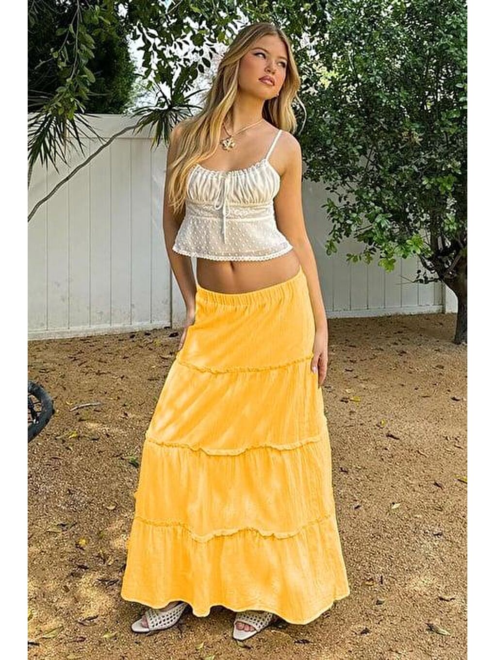 Sarı Basic Pileli Kadın Uzun Etek-1