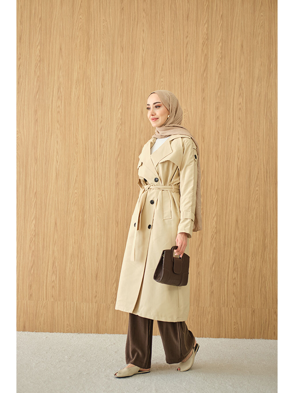 Ekru Kadın Omuz Düğme Detay Kruvaze Yaka Midi Boy Trenç Krem-3