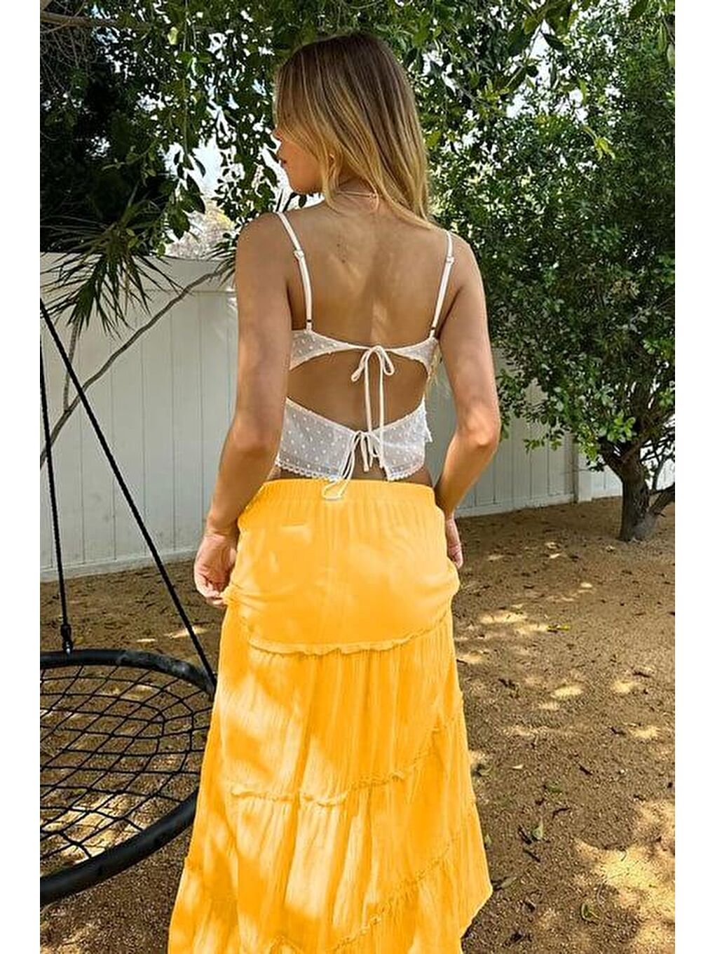Sarı Basic Pileli Kadın Uzun Etek-2