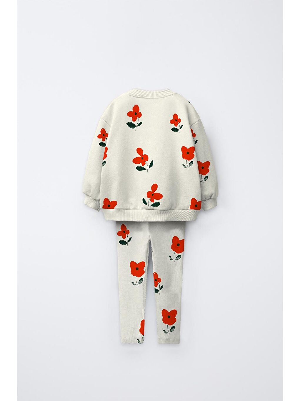 Kız Çocuk Pamuklu Ekru Kırmızı Çiçek Desenli Sweatshirt Ve Tayt Takım-1